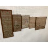 5 Victorian Samplers, including Mary E Armstrong, Mary Anne Marshall (some general wear with age)