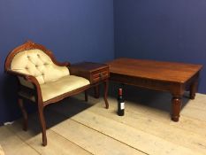 Carved low coffee table, 120cm x 79cm, and a small upholstered hall seat, (condition, both worn)