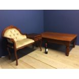 Carved low coffee table, 120cm x 79cm, and a small upholstered hall seat, (condition, both worn)