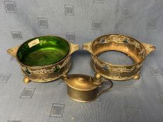 Pair of Hallmarked silver Art Nouveau coasters, one with green glass bowl, silver weight 21 ozt,