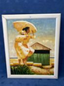 Framed painting portrait, Ladies on a Seashore SeaGazing, 60 x 48.5