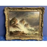 C19th oil on canvas, figures on rocks within a stormy sea, 50 x 60cm