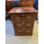 Small Queen Anne style figured walnut chest of 3 graduated drawers with fluted corners supported