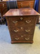 Small Queen Anne style figured walnut chest of 3 graduated drawers with fluted corners supported