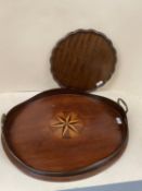 Georgian mahogany oval tray with central starburst inlay and brass handles, 56cmLong (small grain