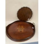 Georgian mahogany oval tray with central starburst inlay and brass handles, 56cmLong (small grain