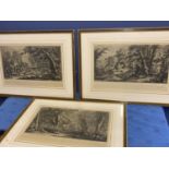 Set of 3 framed and glazed black and white German classical hunting engravings, overall size