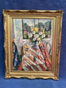 Pierced gilt framed oil painting of an Impressionist still life , Flowers and fruit in a summer