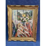 Pierced gilt framed oil painting of an Impressionist still life , Flowers and fruit in a summer