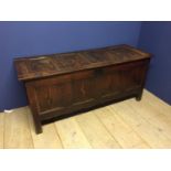 C19th oak 4 panel oak coffer with inlaid decoration 150cmL (condition, some wear, original hinges,