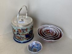 An imarti pattern biscuit barrel (modern, lid rim slightly raised up) , and a set of 4 graduated