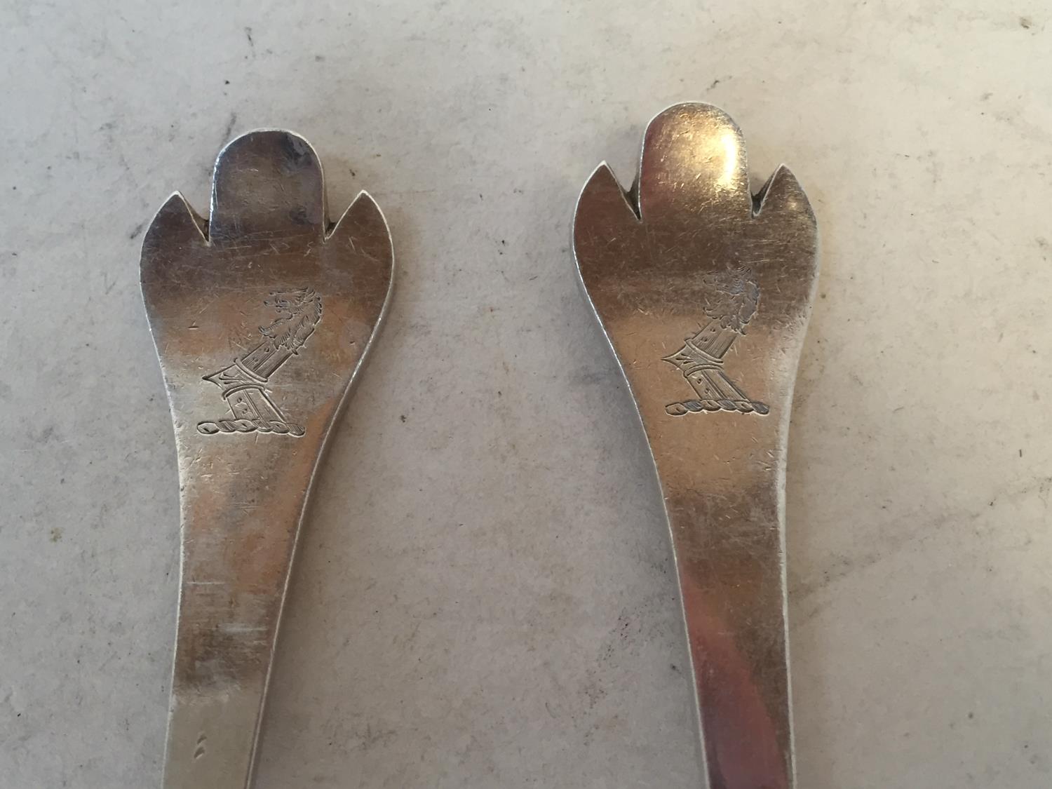 Pair hallmarked silver tablespoons 5.7ozt Sheffield 1914. Maker CB&S crest to handles, general wear - Image 2 of 3