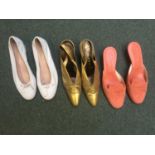 Ladies shoes: Pair of coral coloured suede Tods shoes (with little wear), Pair of Gina gold coloured