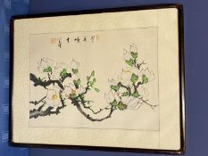 An old Korean painting of a plum tree in blossom, in early Spring with Chinese calligraphy, with