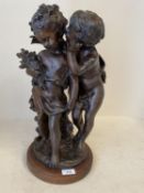 Bronze figure group of 2 children on circular wooden plinth, 43cm H (condition good, a few tiny