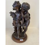 Bronze figure group of 2 children on circular wooden plinth, 43cm H (condition good, a few tiny