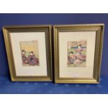 Pair of signed Japanese Woodblock prints depicting Geishas in flamboyant costumes in gilt frames, 22