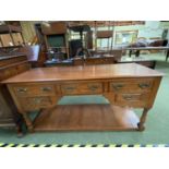 Good modern solid oak dresser base of 5 drawers with a pot board base, 152cmL 77cmH (condition good)