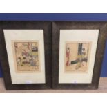 Pair of signed Japanese Woodblock prints, of traditional interior scenes with Geishas, 18 x 13.5cm
