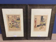 Pair of signed Japanese Woodblock prints, of traditional interior scenes with Geishas, 18 x 13.5cm