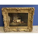 C19th Oil on canvas, "Cattle and pigs in a barn", in a decorative gilt frame, 29 x 39cm, (relined
