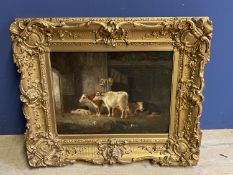 C19th Oil on canvas, "Cattle and pigs in a barn", in a decorative gilt frame, 29 x 39cm, (relined