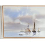 Set of 3 watercolours, "Beach and boat scenes", signed in pencil lower left, 27 x 37cm Framed and