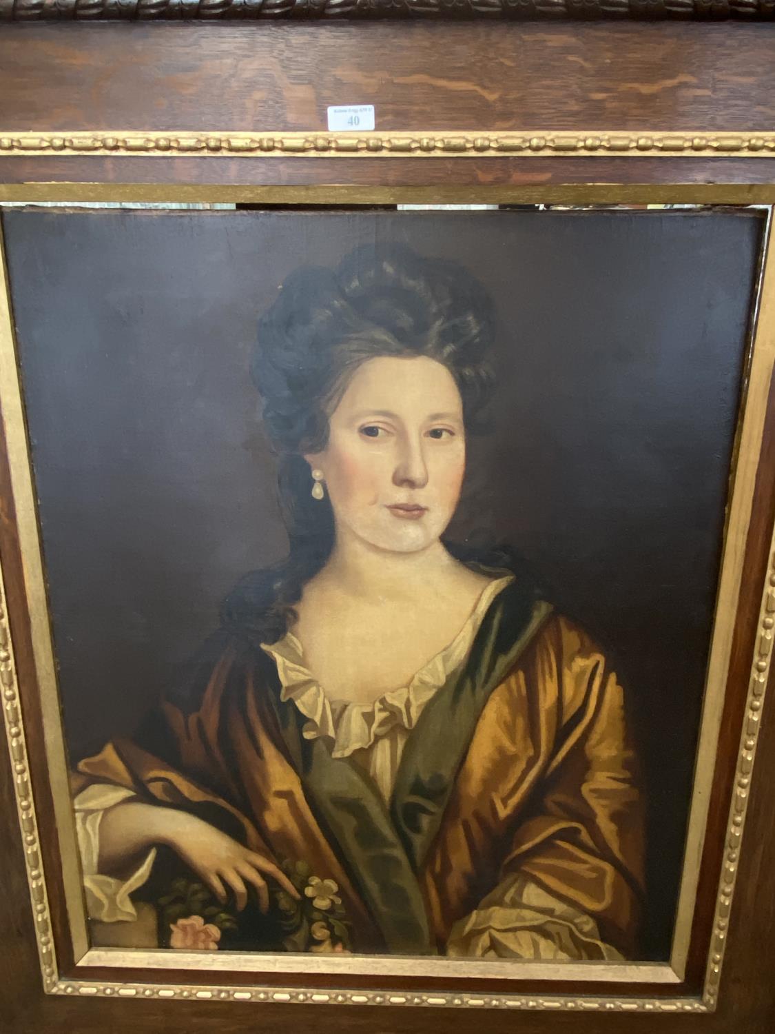 Oil on canvas, portrait of a lady, dressed in C18th style, half length, in oak frame, 77 x 63cm