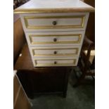 Small cream and gilt painted chest of 4 drawers 51 cm H x 46cm L x 50 cm wide.