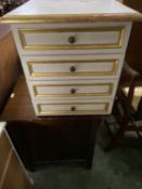 Small cream and gilt painted chest of 4 drawers 51 cm H x 46cm L x 50 cm wide.