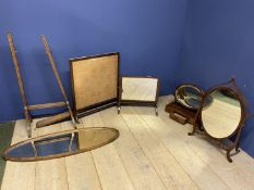 Edwardian inlaid mahogany oval toilet mirror, and oak cheval mirror, both damaged and an oblong