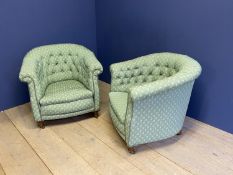 Pair green upholstered button back tub chairs on turned feet and brass casters. Condition
