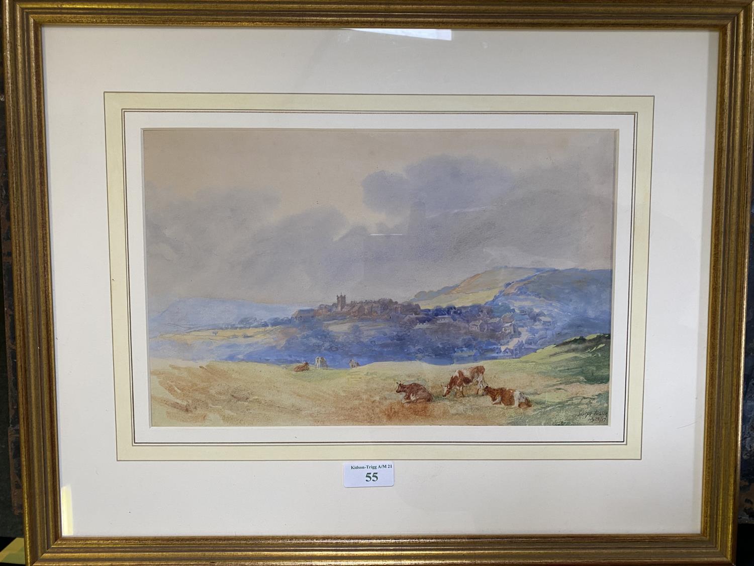 JOSEPH TOSTER watercolour "Rural landscape with cattle before a village" signed lower right, dated