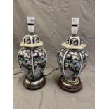 Pair of decorative lamps with black ground and floral patterns