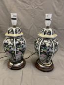 Pair of decorative lamps with black ground and floral patterns