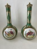 A pair of C19th Austrian green and gilt bottle vases and covers decorated pheasants 36 cm H