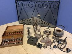 A boxed metal chess set, assorted metal wears, Goffering irons, fire screen