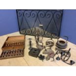 A boxed metal chess set, assorted metal wears, Goffering irons, fire screen