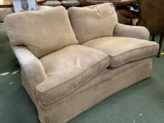 Good quality 2 seater sofa upholstered in camel/beige fabric. L Condition - Good cushions, some