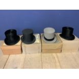 A quantity of Top Hats, Herbert Johnson, Henry Heath, 3 black, 1grey (all with some wear)