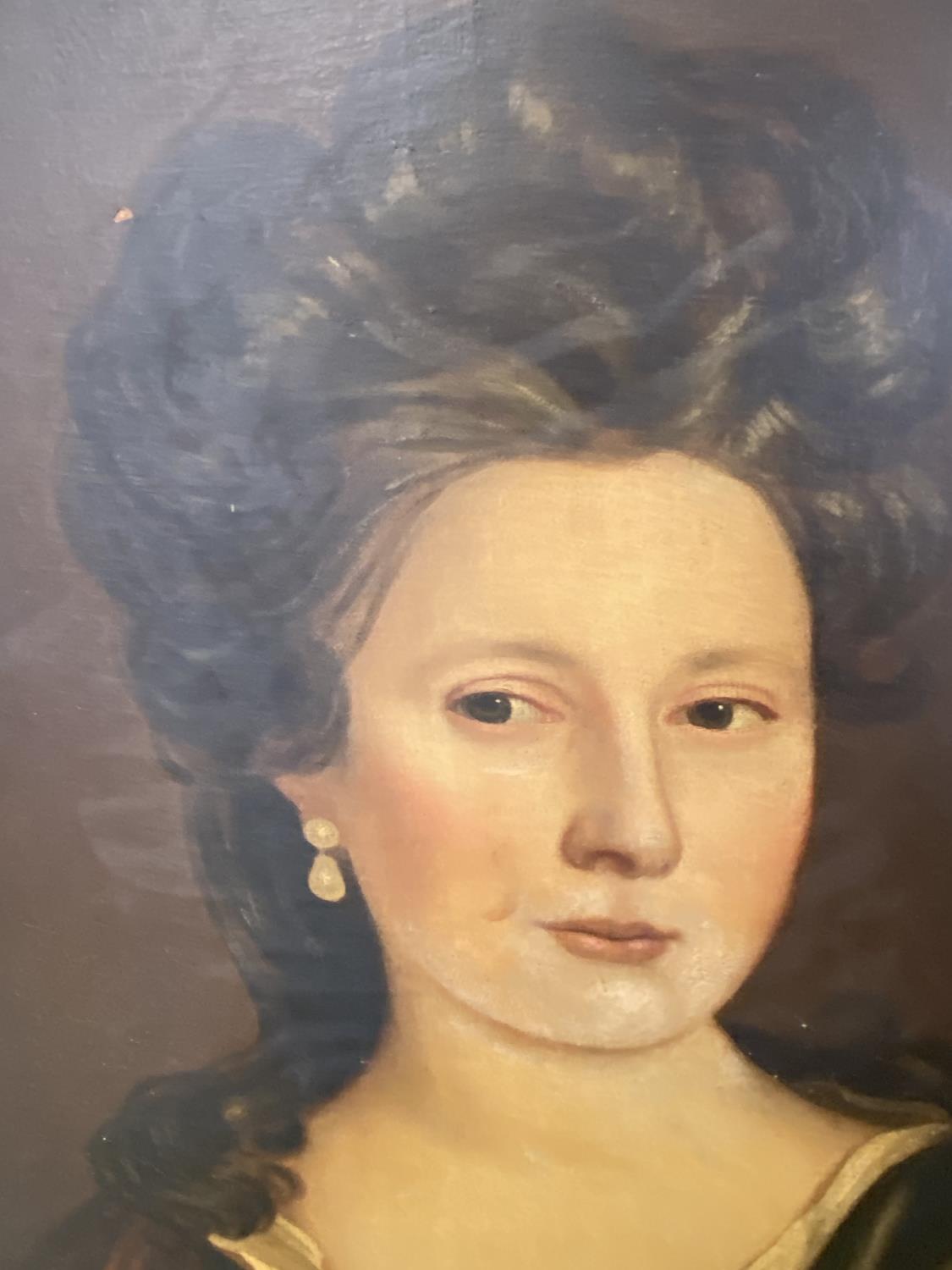 Oil on canvas, portrait of a lady, dressed in C18th style, half length, in oak frame, 77 x 63cm - Image 2 of 3