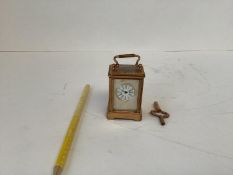 Miniature brass carriage clock with enamel dial 6 cmH