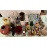 Broadstairs pottery decanters 6 goblets, various pottery figurines, Worcester plate, Glass and