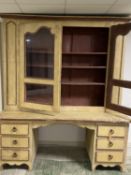 Large C19th pine kneehole French dresser with glazed cupboard over in original paintwork 197cmL x