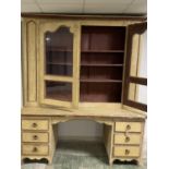 Large C19th pine kneehole French dresser with glazed cupboard over in original paintwork 197cmL x