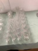 Suite of Stuart Crystal glasses, including 7 red wine, 9 white wine, 13 port glasses, 2 jam pots and