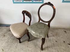 Victorian walnut upholstered nursing chair and a Victorian balloon back chair, (repaired)