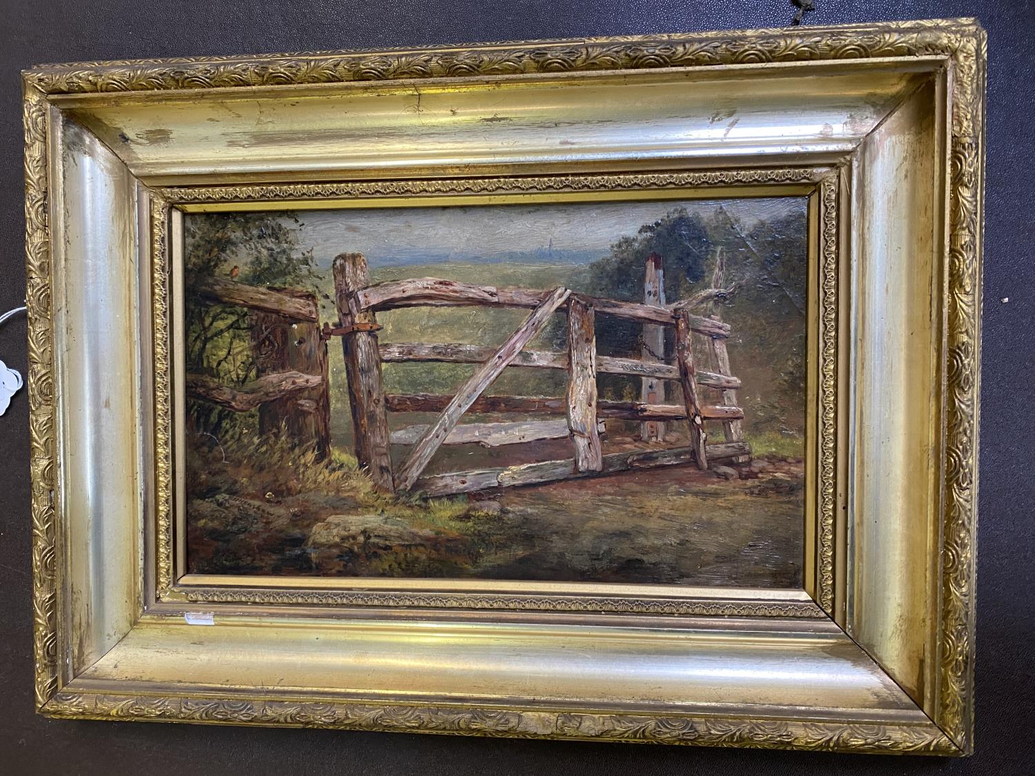 Manner of FREDERICK HENSHAW, Oil on wood panel "The rickety five bar gate", 18 x 30cm in gilt frame