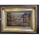 Manner of FREDERICK HENSHAW, Oil on wood panel "The rickety five bar gate", 18 x 30cm in gilt frame