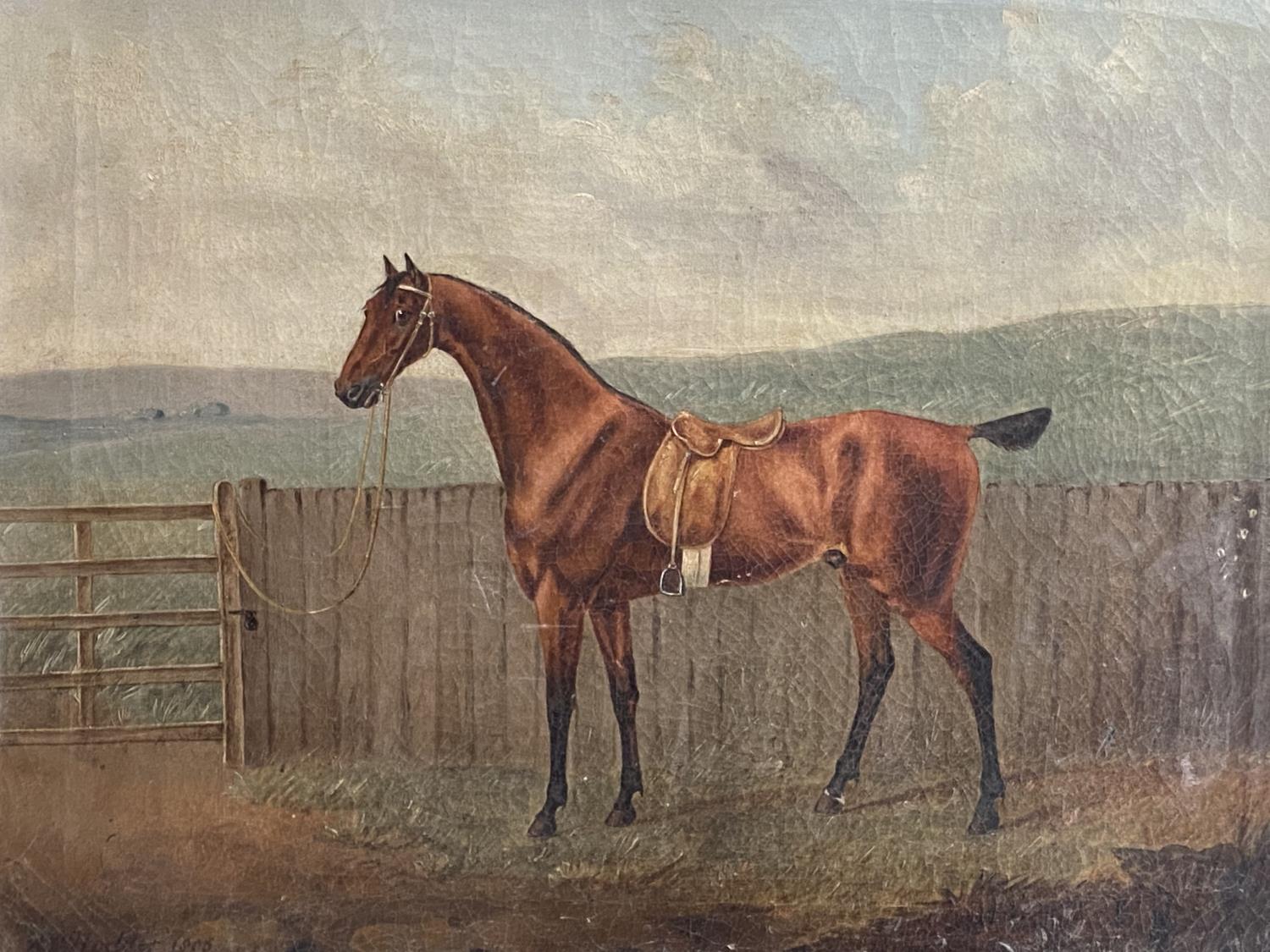 R P NODDER (ACT. 1795-1820), Oil on canvas, "Saddled bay hack by a gate" signed lower left, dated - Image 3 of 9